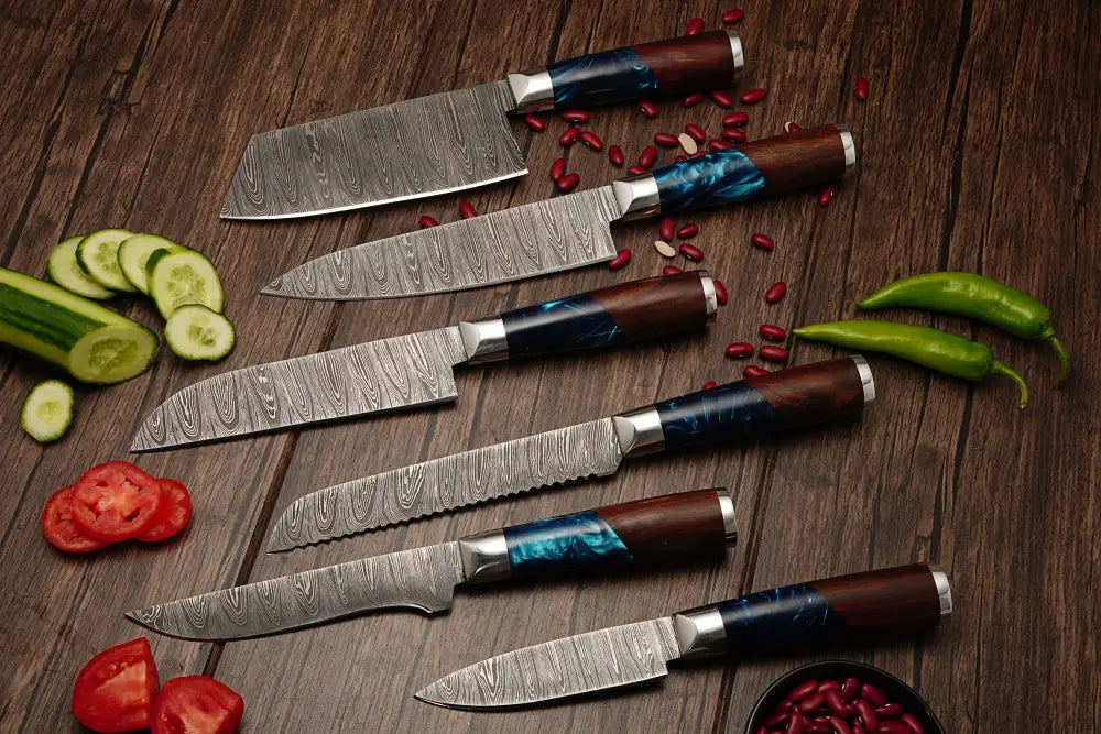 Handmade Damascus Chef Knife Set, 6 Pieces Damascus Steel Chef Knife Set, Kitchen Knife Set with Leather Cover - Rosewood & Resin Handle