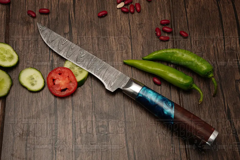 Handmade Damascus Chef Knife Set, 6 Pieces Damascus Steel Chef Knife Set, Kitchen Knife Set with Leather Cover - Rosewood & Resin Handle