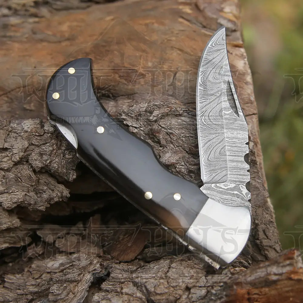 Handmade Damascus Folding Knife with Pocket Clip - 6.5'' Back Lock Folding Knife Bull Horn Handle - Camping Knife