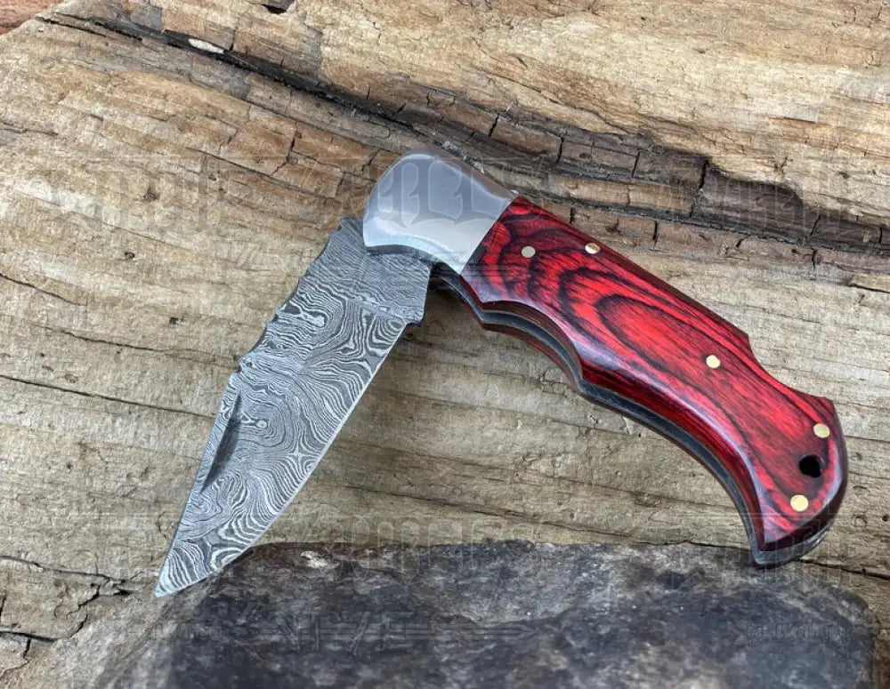 Handmade Damascus Pocket Knife - 6.5'' Back Lock Folding Knife Red Stained Wood Handle - Camping Knife
