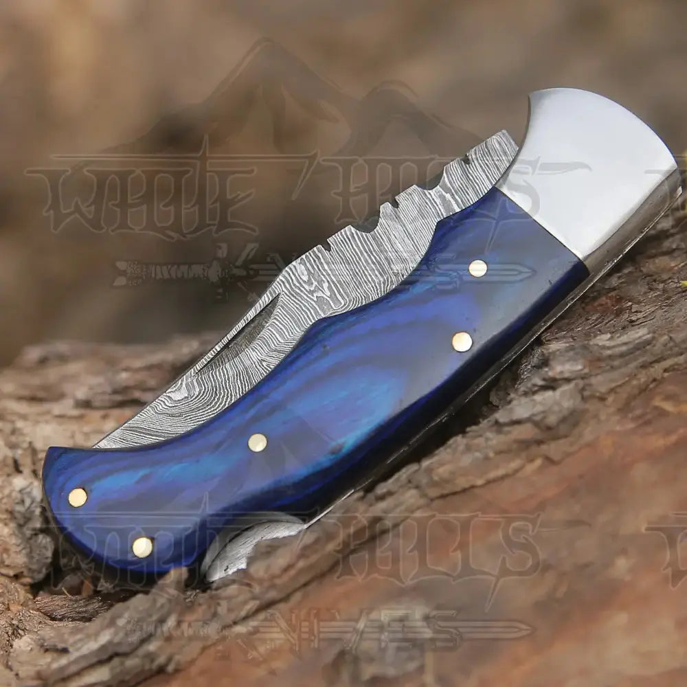 Handmade Damascus Steel Hunting Folding Knife with Pocket Clip - Camping Folding Blade With Wood Handle WH 5024