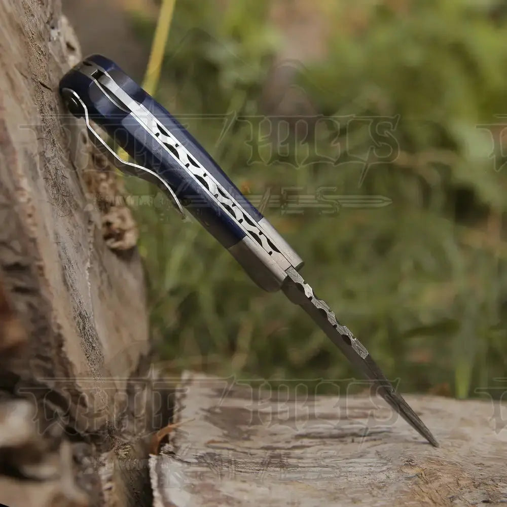 Handmade Damascus Steel Hunting Folding Knife with Pocket Clip - Camping Folding Blade With Wood Handle WH 5024