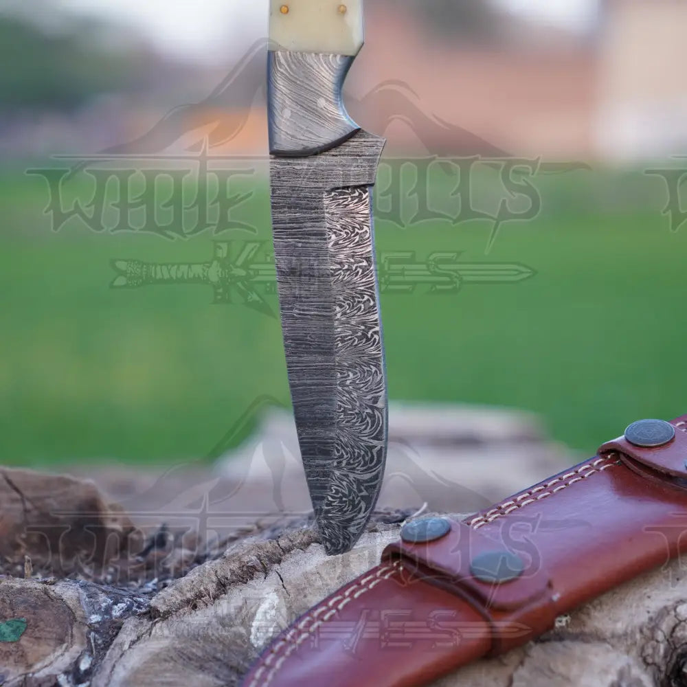 Handmade Damascus Steel Hunting Knife with Damascus Bolster & Camel Bone Handle