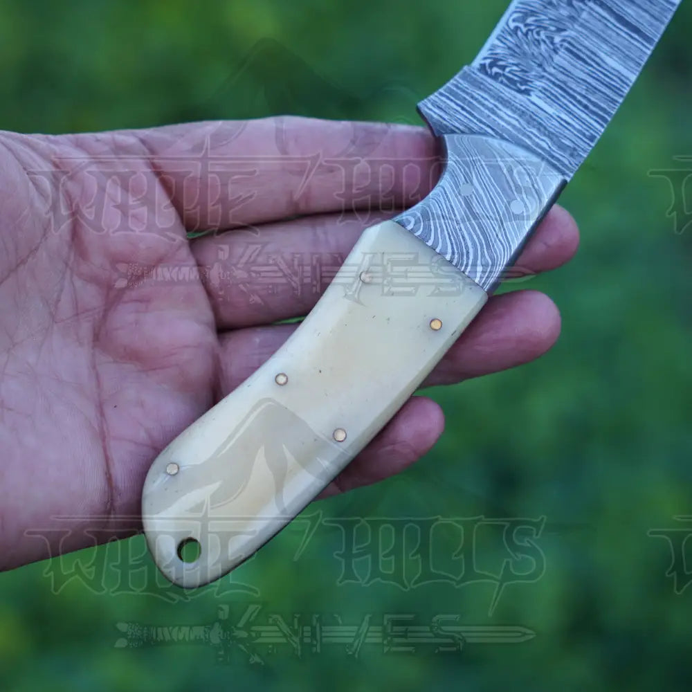 Handmade Damascus Steel Hunting Knife with Damascus Bolster & Camel Bone Handle