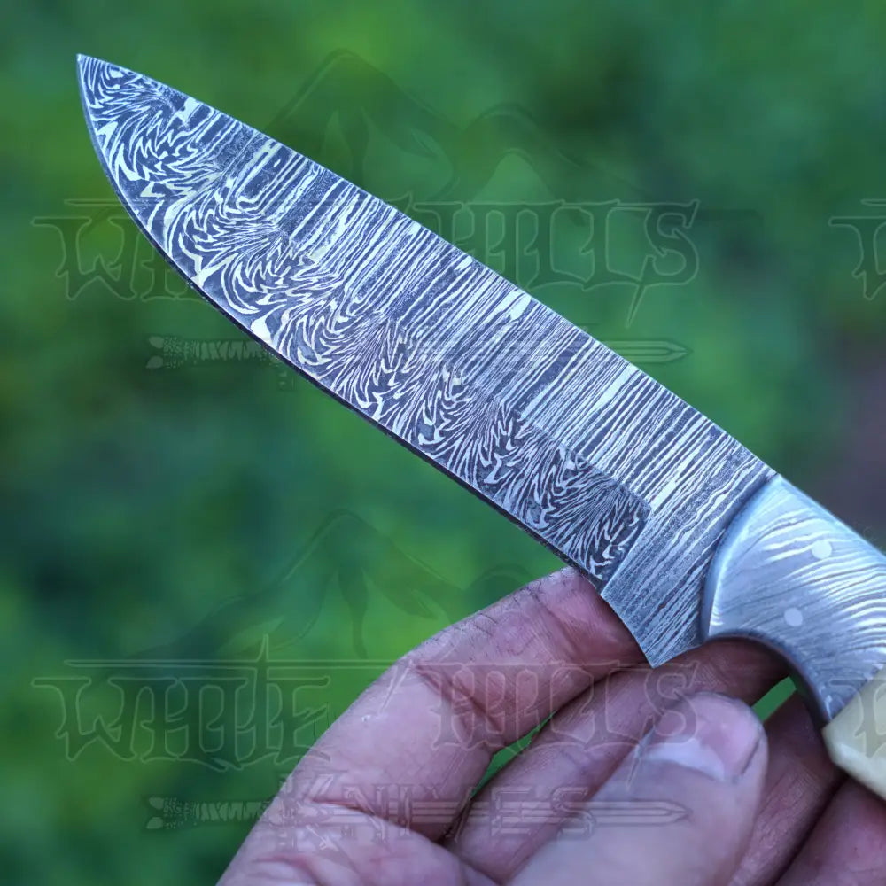 Handmade Damascus Steel Hunting Knife with Damascus Bolster & Camel Bone Handle