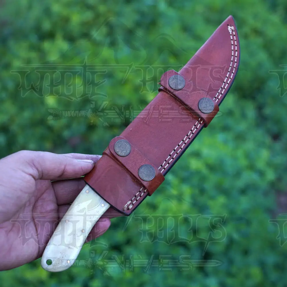 Handmade Damascus Steel Hunting Knife with Damascus Bolster & Camel Bone Handle