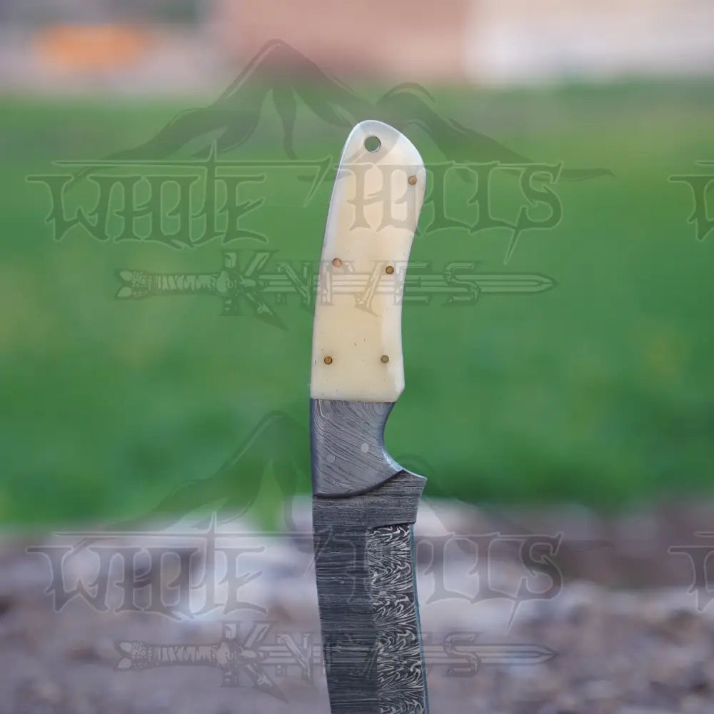 Handmade Damascus Steel Hunting Knife with Damascus Bolster & Camel Bone Handle