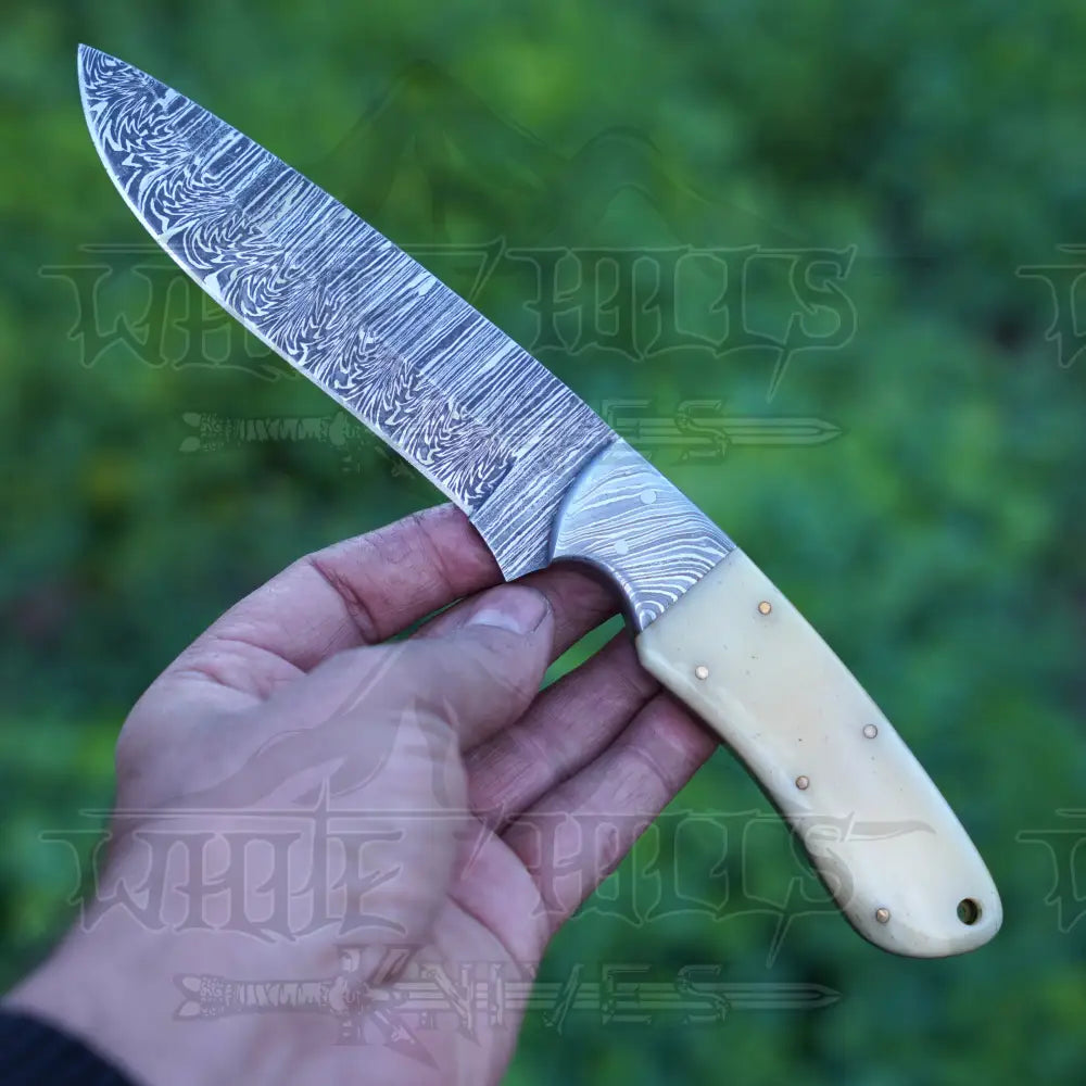 Handmade Damascus Steel Hunting Knife with Damascus Bolster & Camel Bone Handle