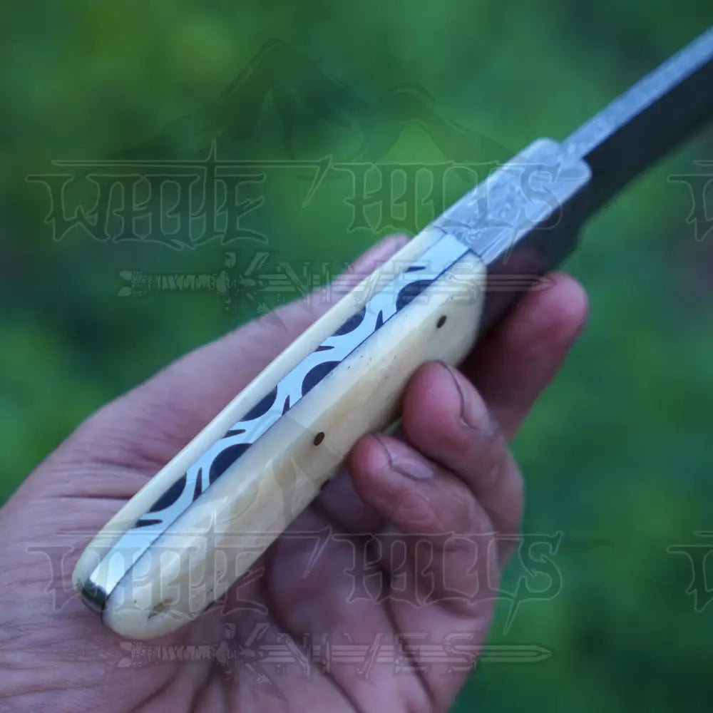 Handmade Damascus Steel Hunting Knife with Damascus Bolster & Camel Bone Handle