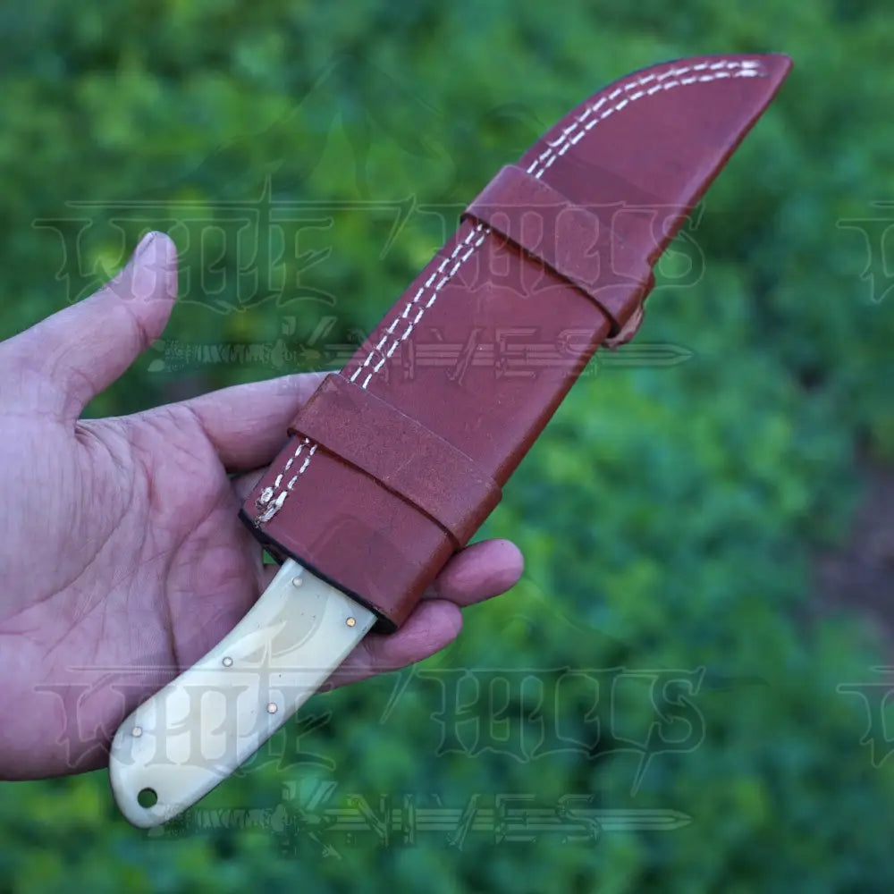 Handmade Damascus Steel Hunting Knife with Damascus Bolster & Camel Bone Handle