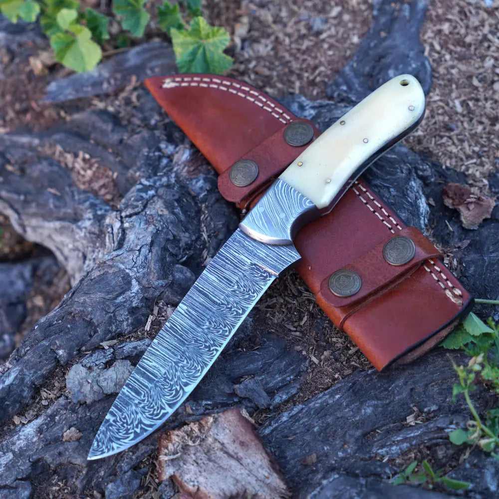 Handmade Damascus Steel Hunting Knife with Damascus Bolster & Camel Bone Handle