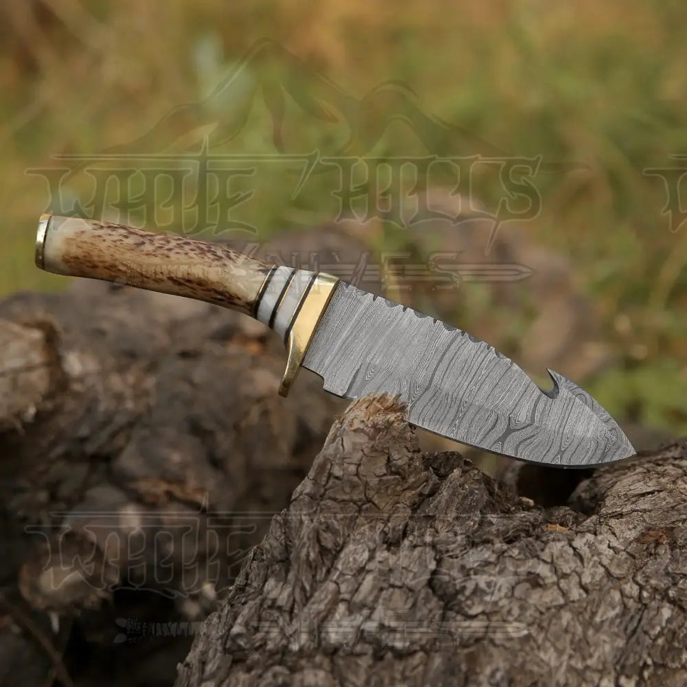 Handmade Forged Damascus Steel Gut Hook Hunting Knife EDC With Orginal Stag antler Handle WH 4340