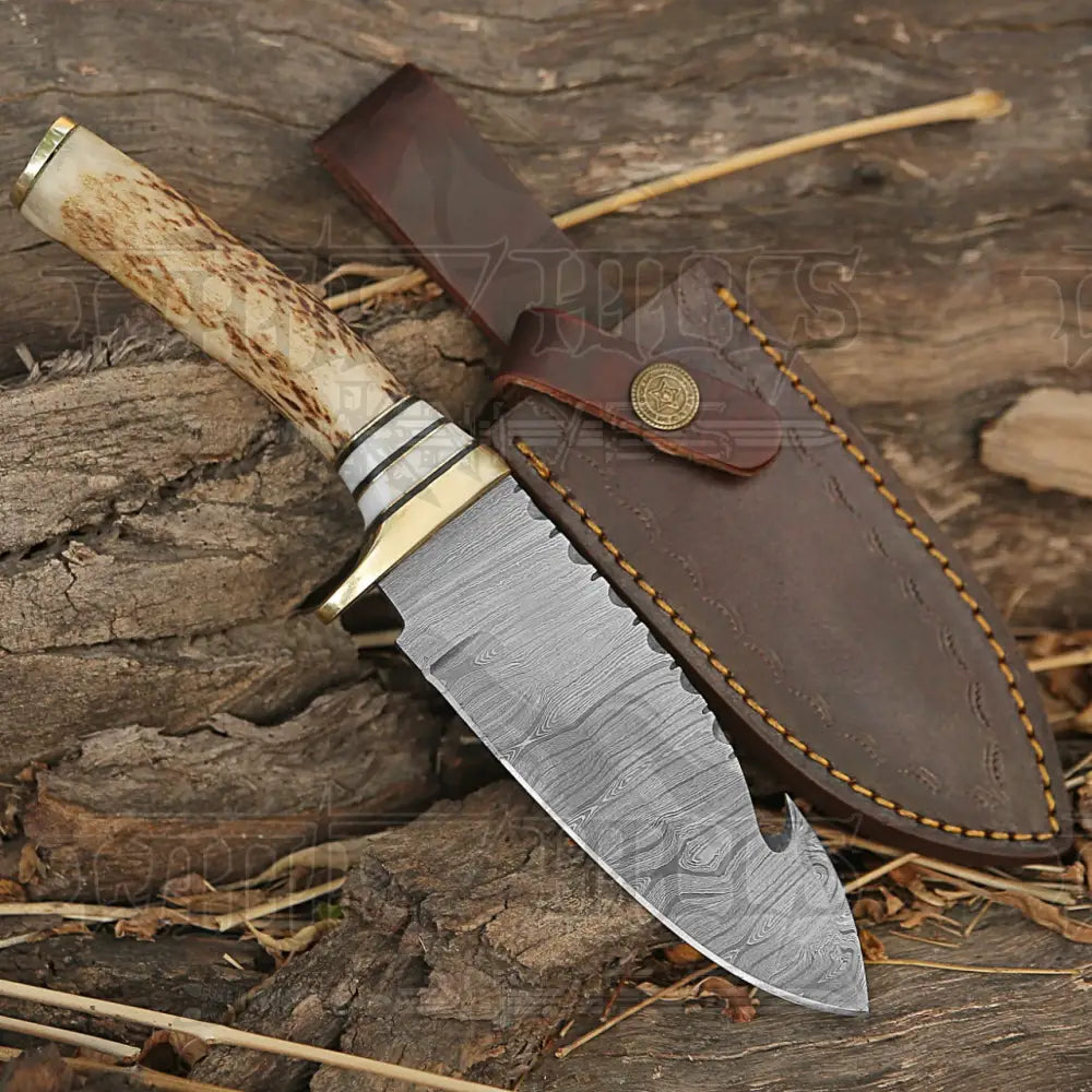 Handmade Forged Damascus Steel Gut Hook Hunting Knife EDC With Orginal Stag antler Handle WH 4340