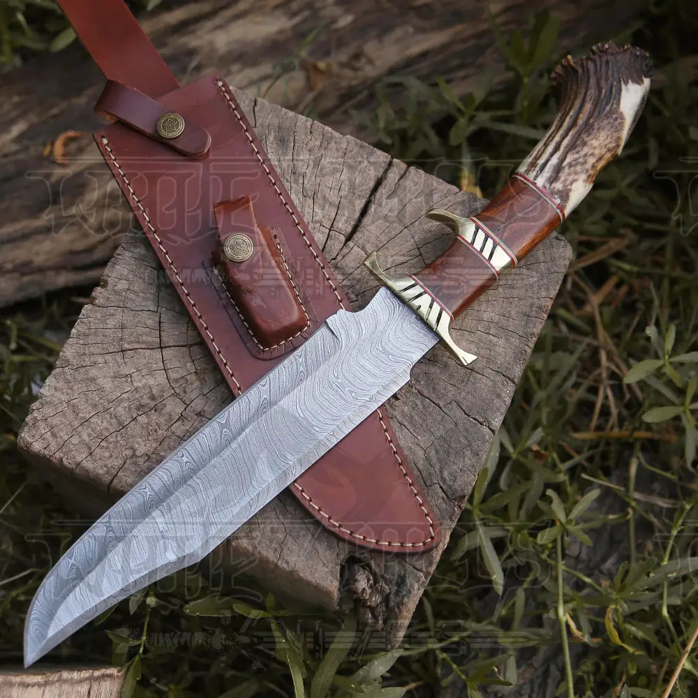 Handmade Forged Damascus Steel Hunting Bowie Rambo Knife with Deer Crown Stag Handle