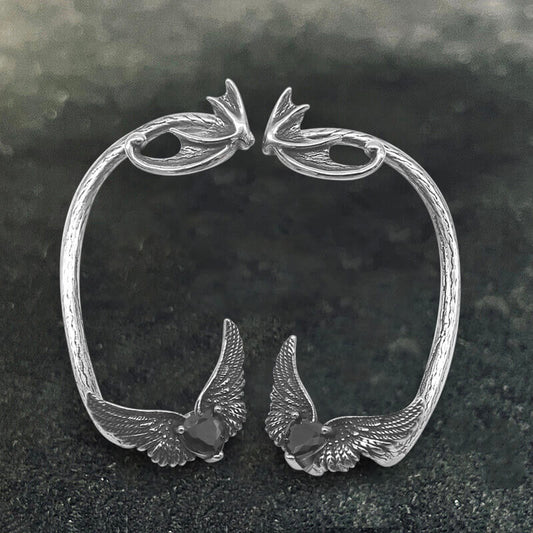 Heart Shape Zircon Devil Wings Stainless Steel Ear Cuff Earrings