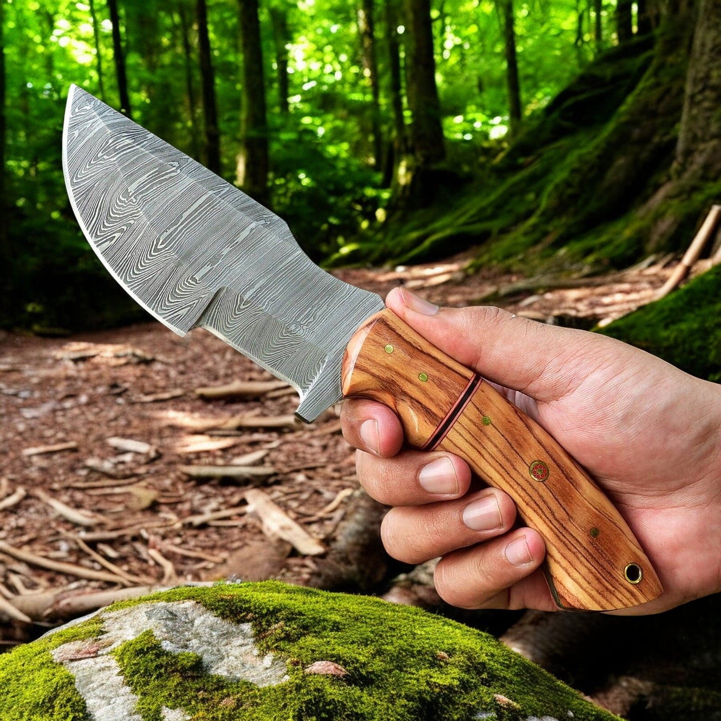 Handmade Tom Brown Tracker Knife with Damascus Steel Blade & Olivewood Handle – 10" Overall Length
