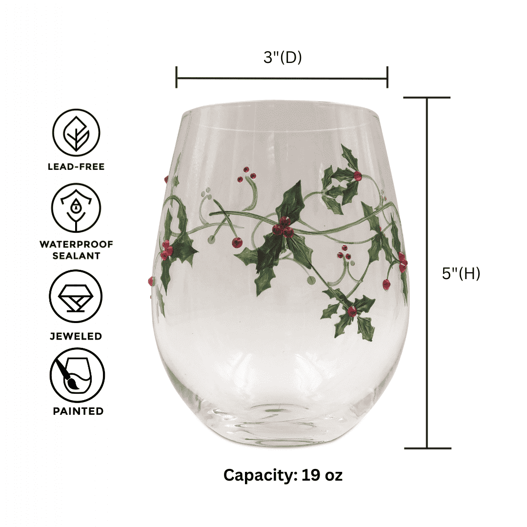 Christmas Holly Stemless Wine Glasses