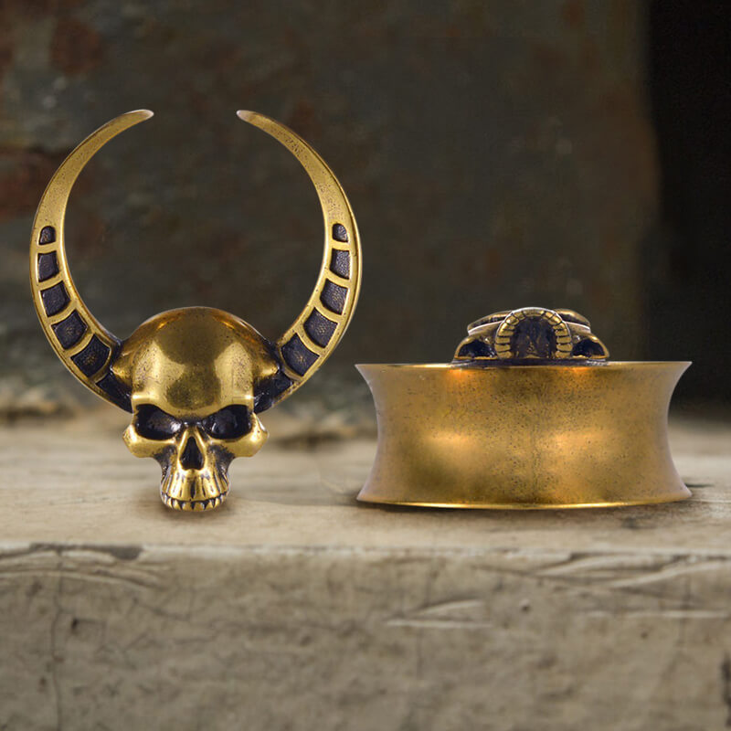 Horned Skull Brass Tunnel Ear Gauges