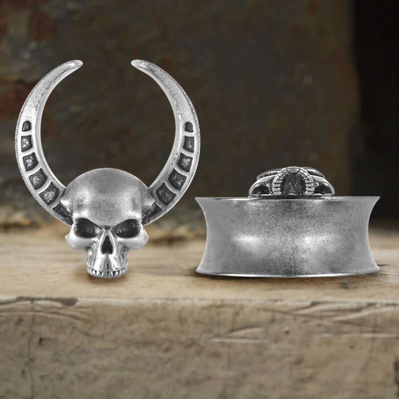 Horned Skull Brass Tunnel Ear Gauges