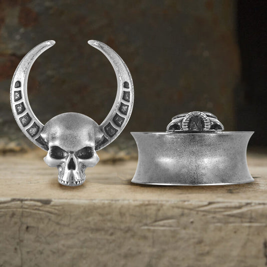 Horned Skull Brass Tunnel Ear Gauges