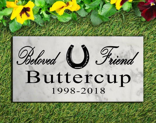 Horse Memorial Garden Plaque – Personalized Marble Tribute With Horseshoe & Name