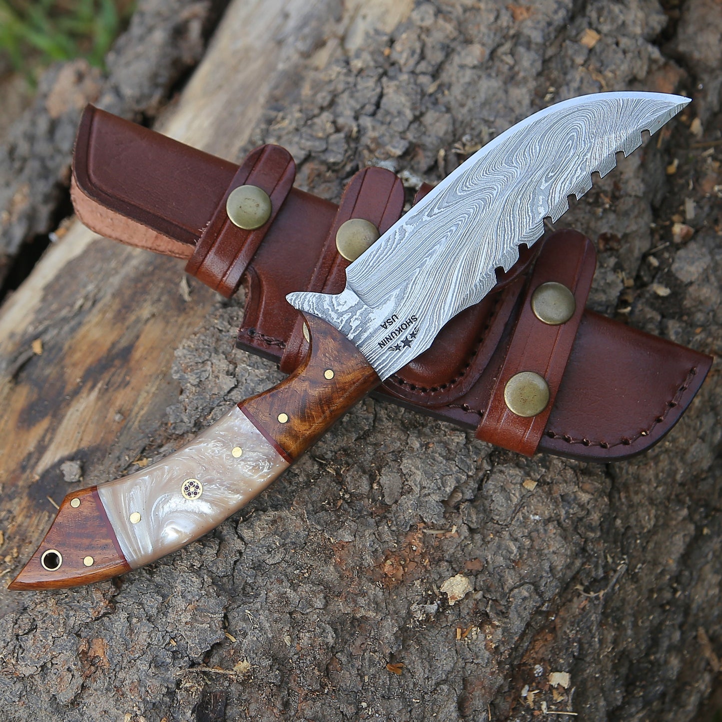 Ravager Handmade Damascus Knife with Mother of Pearl Resin & Rosewood Handle