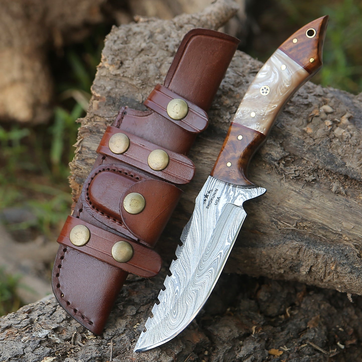 Ravager Handmade Damascus Knife with Mother of Pearl Resin & Rosewood Handle