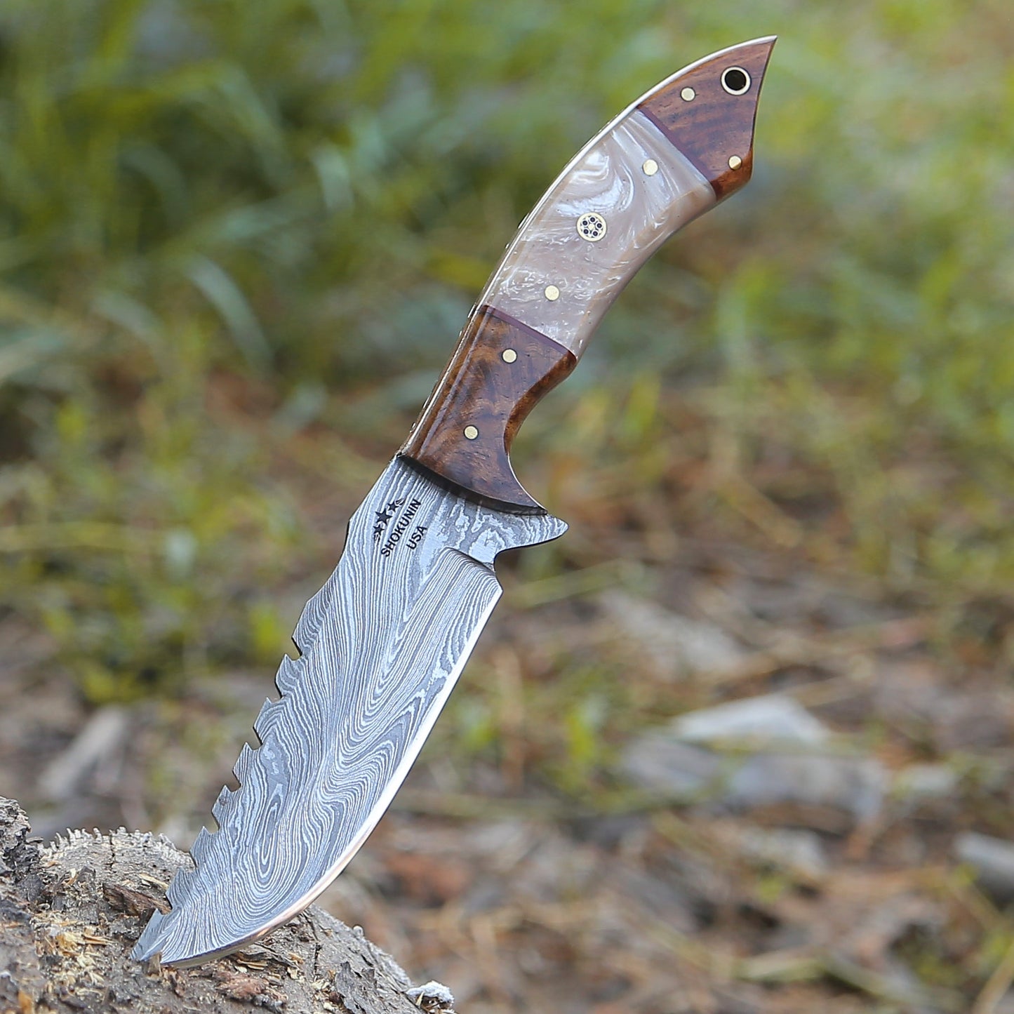 Ravager Handmade Damascus Knife with Mother of Pearl Resin & Rosewood Handle