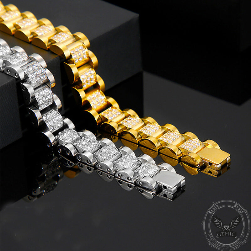 Iced Out Solid Color Stainless Steel Watch Band Bracelet