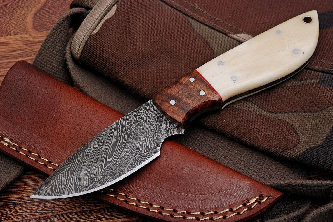 Custom Handmade Damascus Steel Deer Skinning Knife with Rosewood & Bone Handle, 8-inch