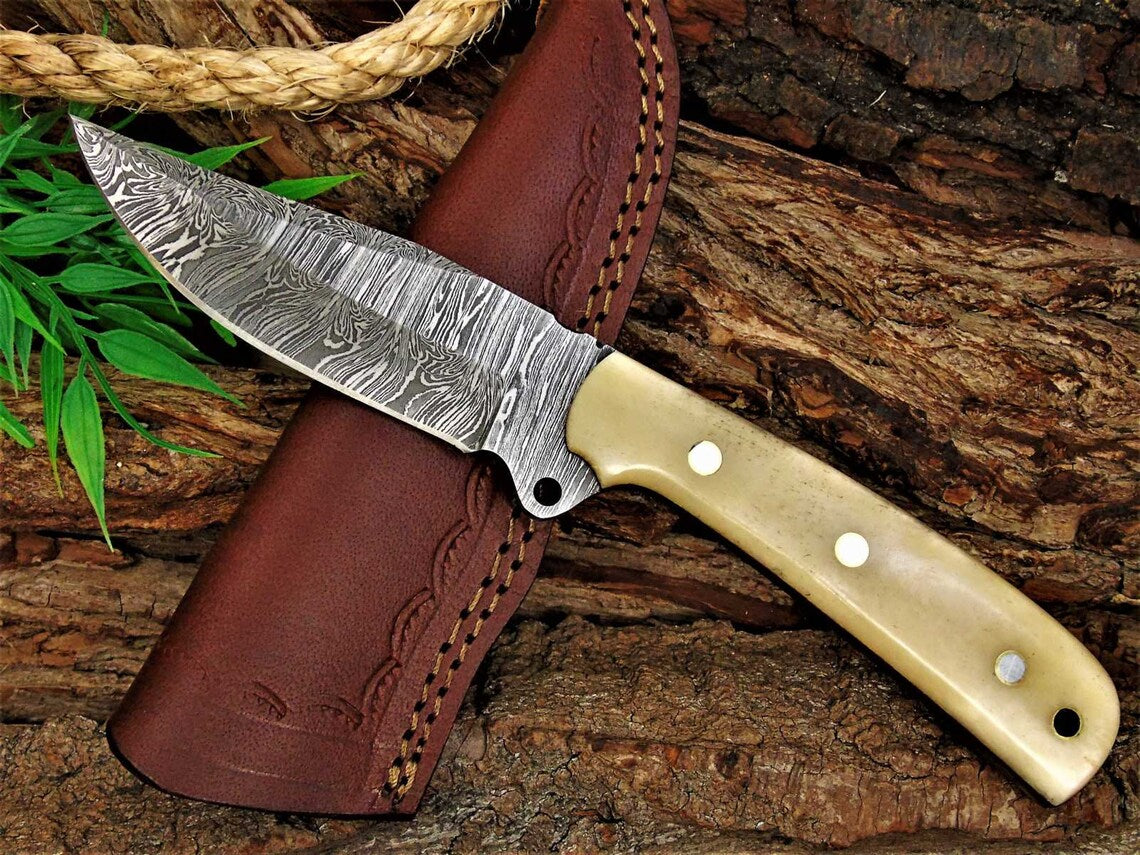 Custom Handmade Damascus Great Skinning Knife with Bone Handle, 8.25-inch