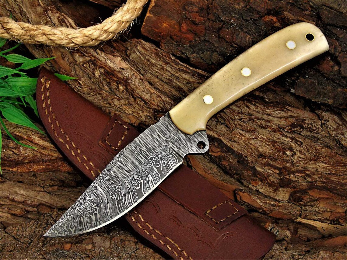 Custom Handmade Damascus Great Skinning Knife with Bone Handle, 8.25-inch