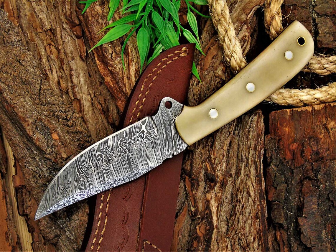 Custom Handmade Damascus Great Skinning Knife with Bone Handle, 8.25-inch