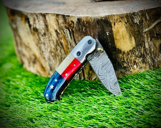"Custom Handmade Texas Flag Damascus Steel Folding Pocket Knife | Exotic Wood-Bone Texas Flag Handle | 3.1 Inch Blade | Leather Sheath | KBS Knives Store"