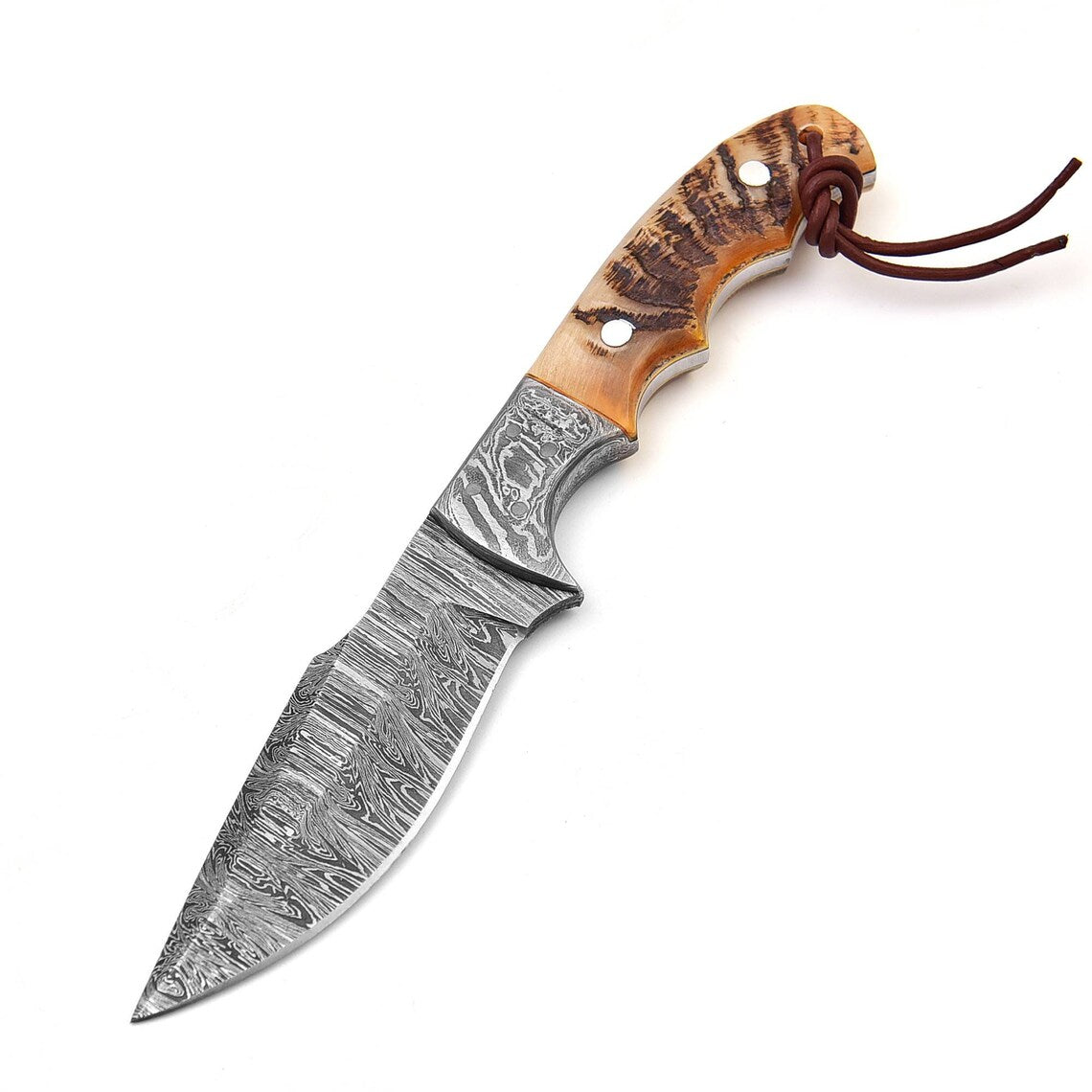 Custom Handmade Damascus Skinning Knife with Sheep Horn Handle, 9-inch