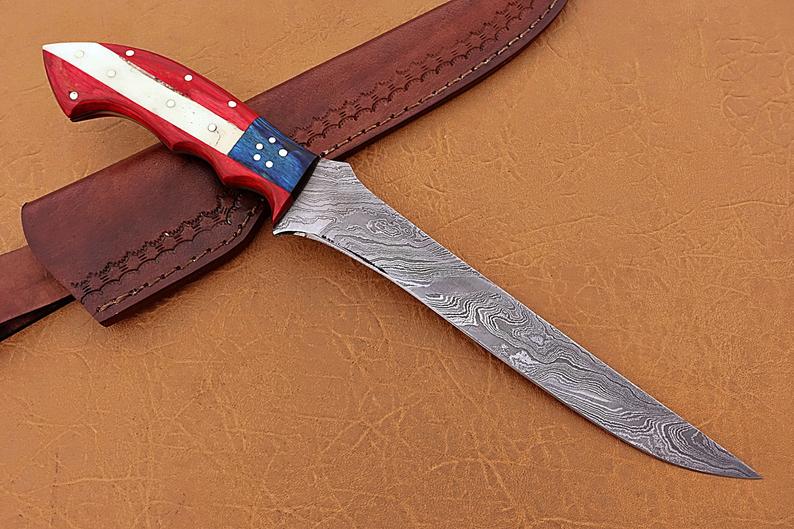 Handmade Damascus Steel Fillet-Boning Knife with Texas Flag Red-Blue Exotic Wood and Bone Handle - 13 Inch Overall Length
