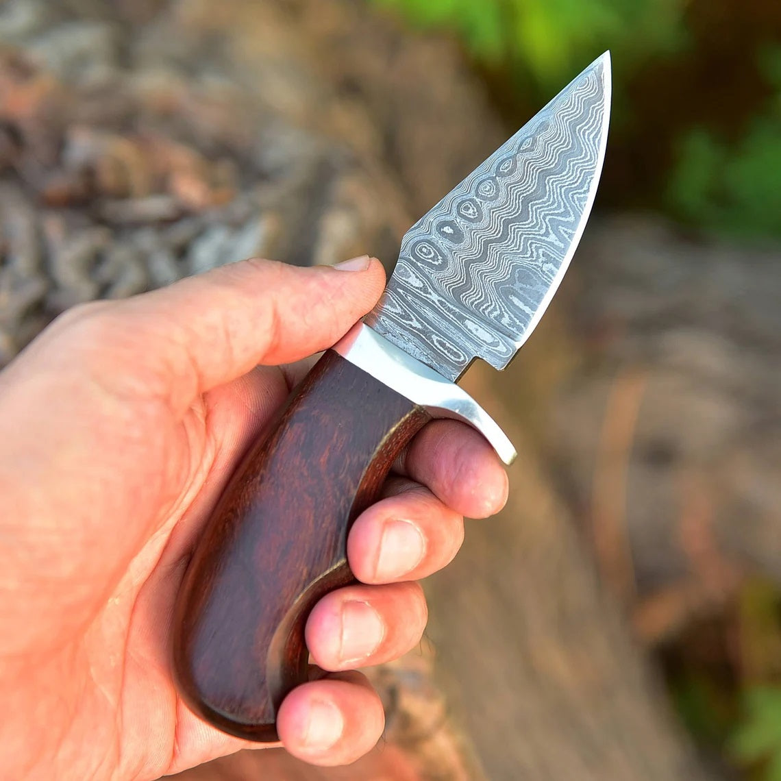"Custom Handmade Damascus Steel EDC Skinning Knife | Rosewood Handle | 7 Inches | Leather Sheath | KBS Knives Store"