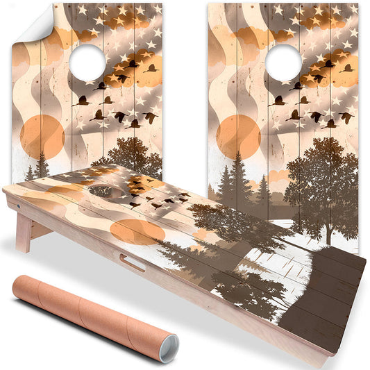 American Flag w/ Ducks Flying - Cornhole Board Wrap - Set of 2