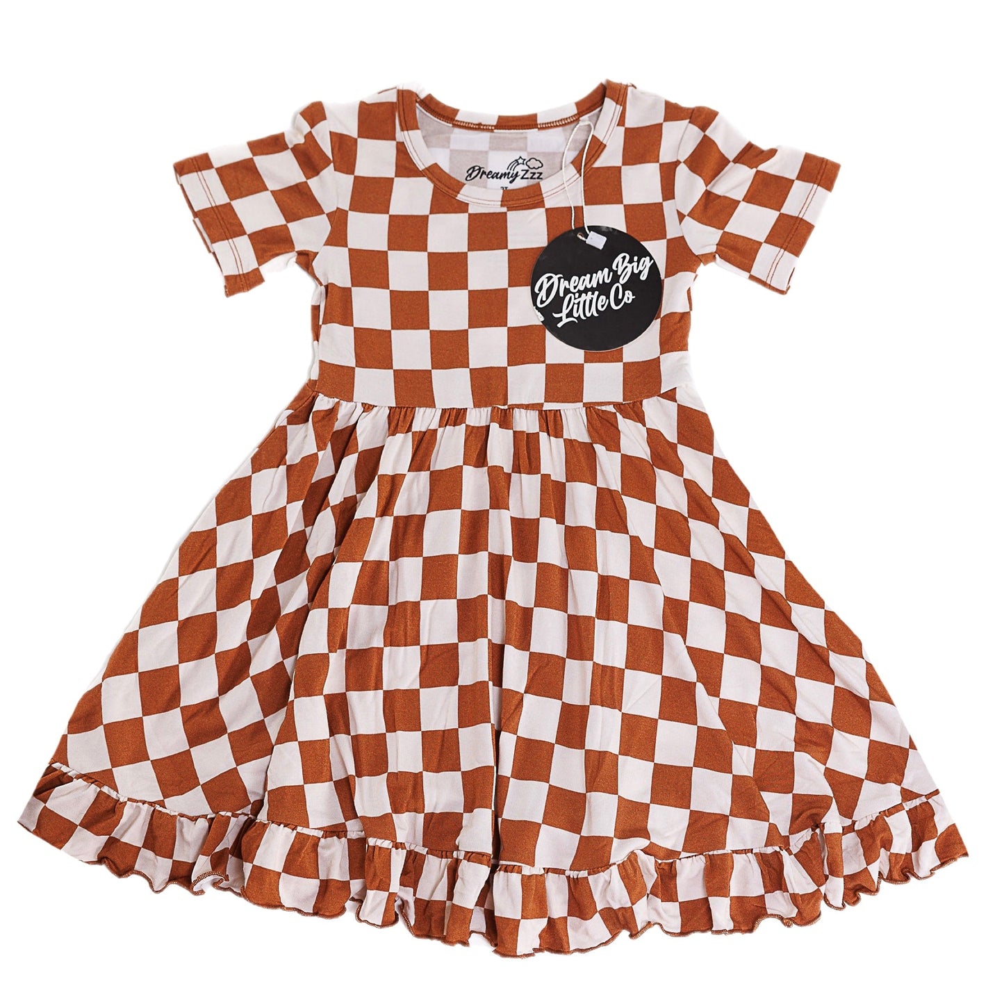 COPPER CHECKERS DREAM RUFFLE DRESS