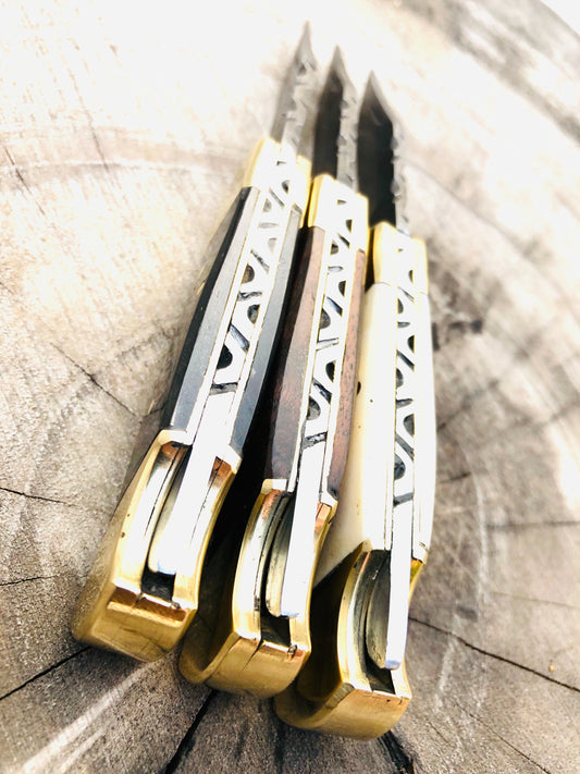 Deal Of 3 Premium Damascus Steel Folding Pocket Knife Set - Exquisite Utility Knives with Buffalo Horn,Bone and Rosewood Handles