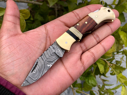 Custom Handmade Damascus Steel Small Folding Pocket Knife with Bone, Rosewood, and Brass Bolsters Handle
