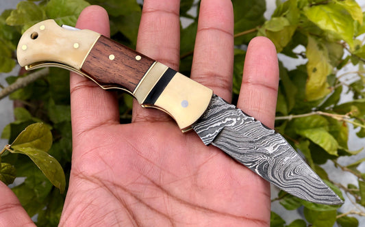 Custom Handmade Damascus Steel Small Folding Pocket Knife with Bone, Rosewood, and Brass Bolsters Handle