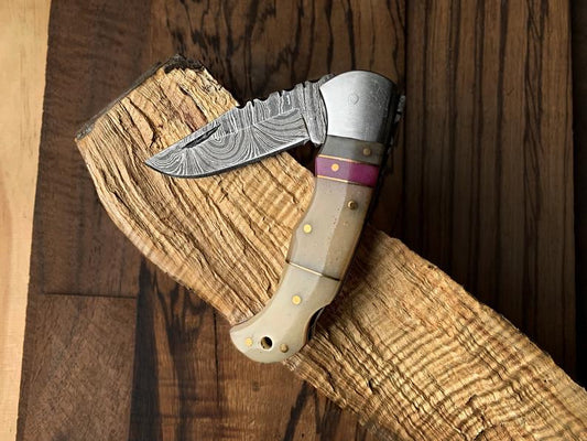 Best Damascus Steel Folding Pocket Knife with Bone and Color Wood Spacers Handle, 3 Inches Blade Length and Leather Case - For Sale by KBS Knives Store.