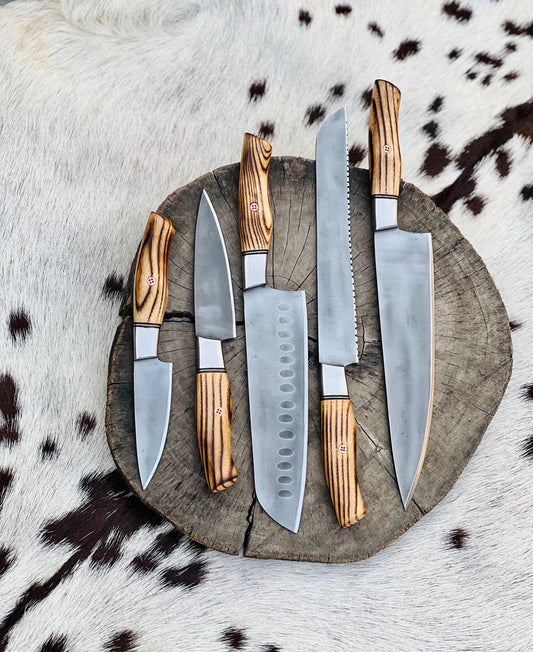 5 Piece Custom Handmade Acid Washed Stainless Steel Kitchen Knives Set with Leather Roll and Burly Wenge Wood Handles" by KBS Knives Store