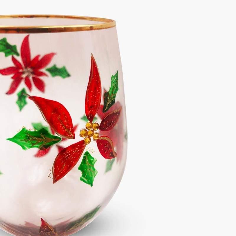 Painted Poinsettia Stemless Wine Glasses