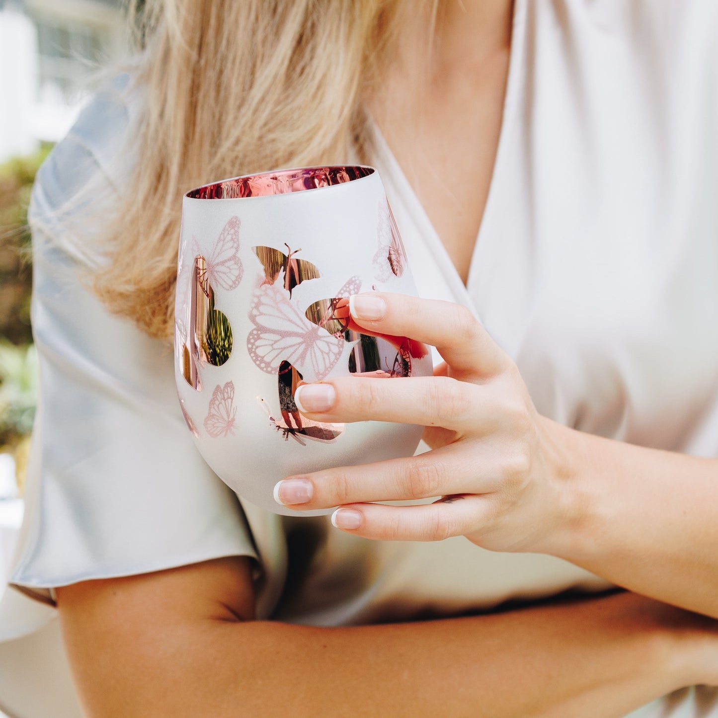 Pink Butterfly Stemless Wine Glasses