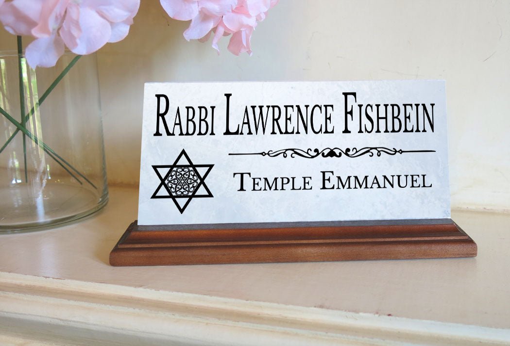 Jewish Desk Nameplate – Custom Marble Name Sign with Star of David for Rabbi, Cantor, or Temple Leader Etc.