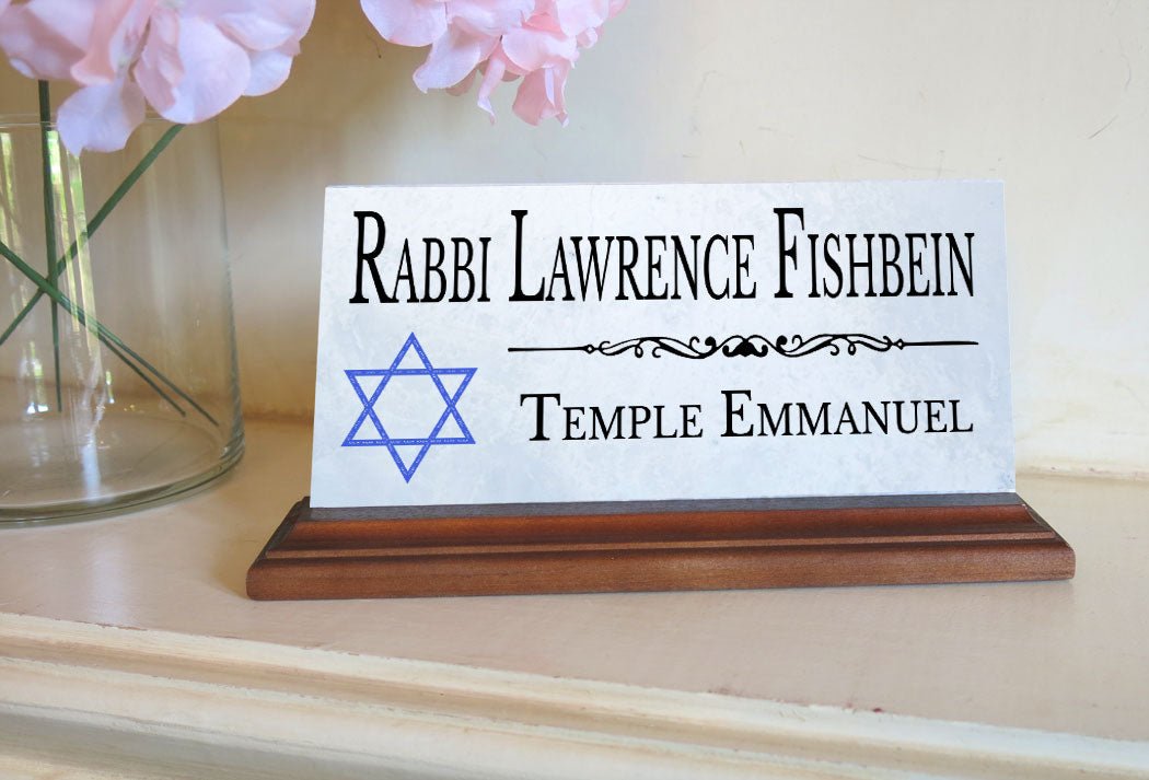 Jewish Desk Nameplate – Personalized Marble Name Sign with Blue Star of David for Synagogue or Rabbi Etc.