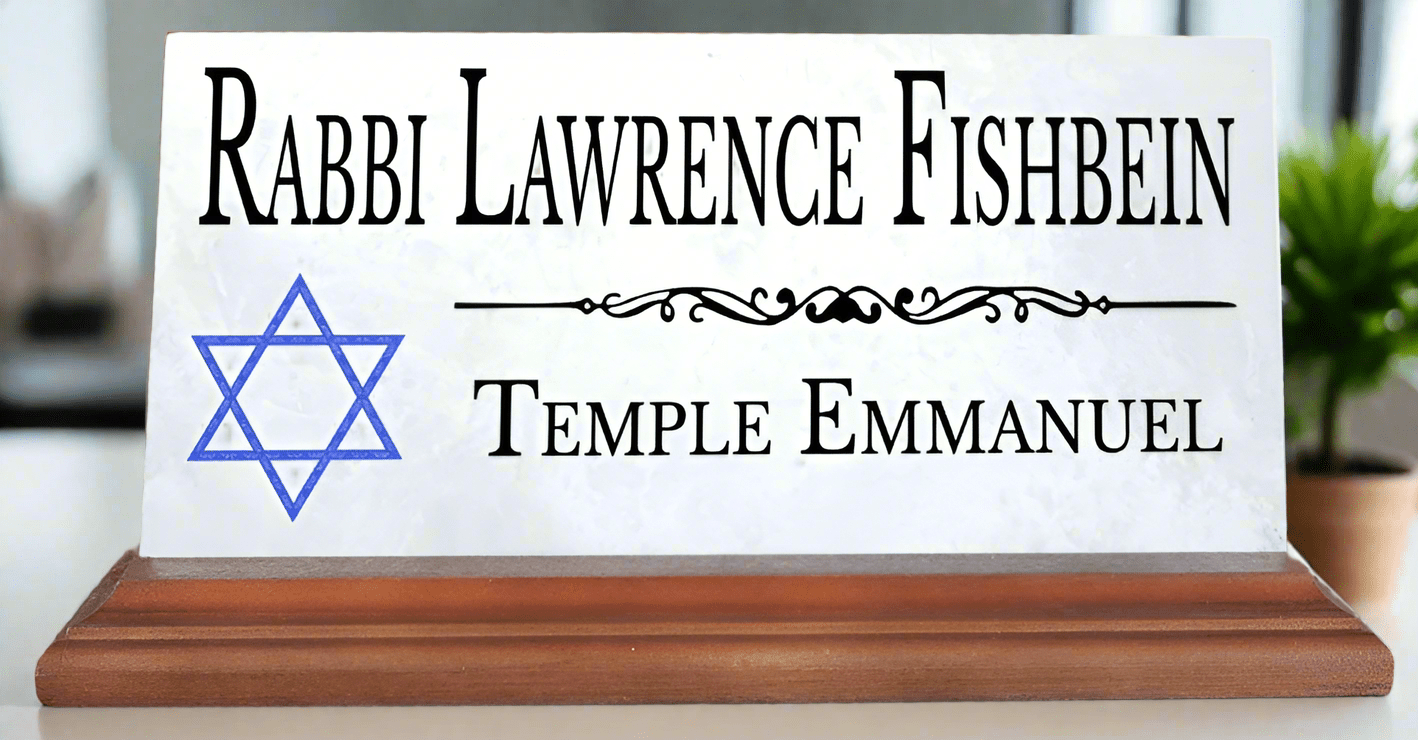 Jewish Desk Nameplate – Personalized Marble Name Sign with Blue Star of David for Synagogue or Rabbi Etc.