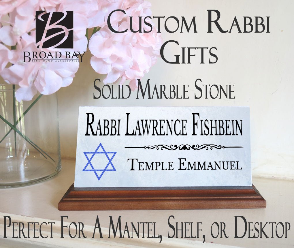 Jewish Desk Nameplate – Personalized Marble Name Sign with Blue Star of David for Synagogue or Rabbi Etc.